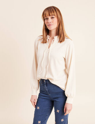 T-shirt col v manches longues ecru femme