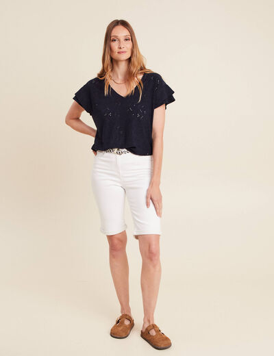 T-shirt droit col V manches courtes bleu fonc&eacute; femme