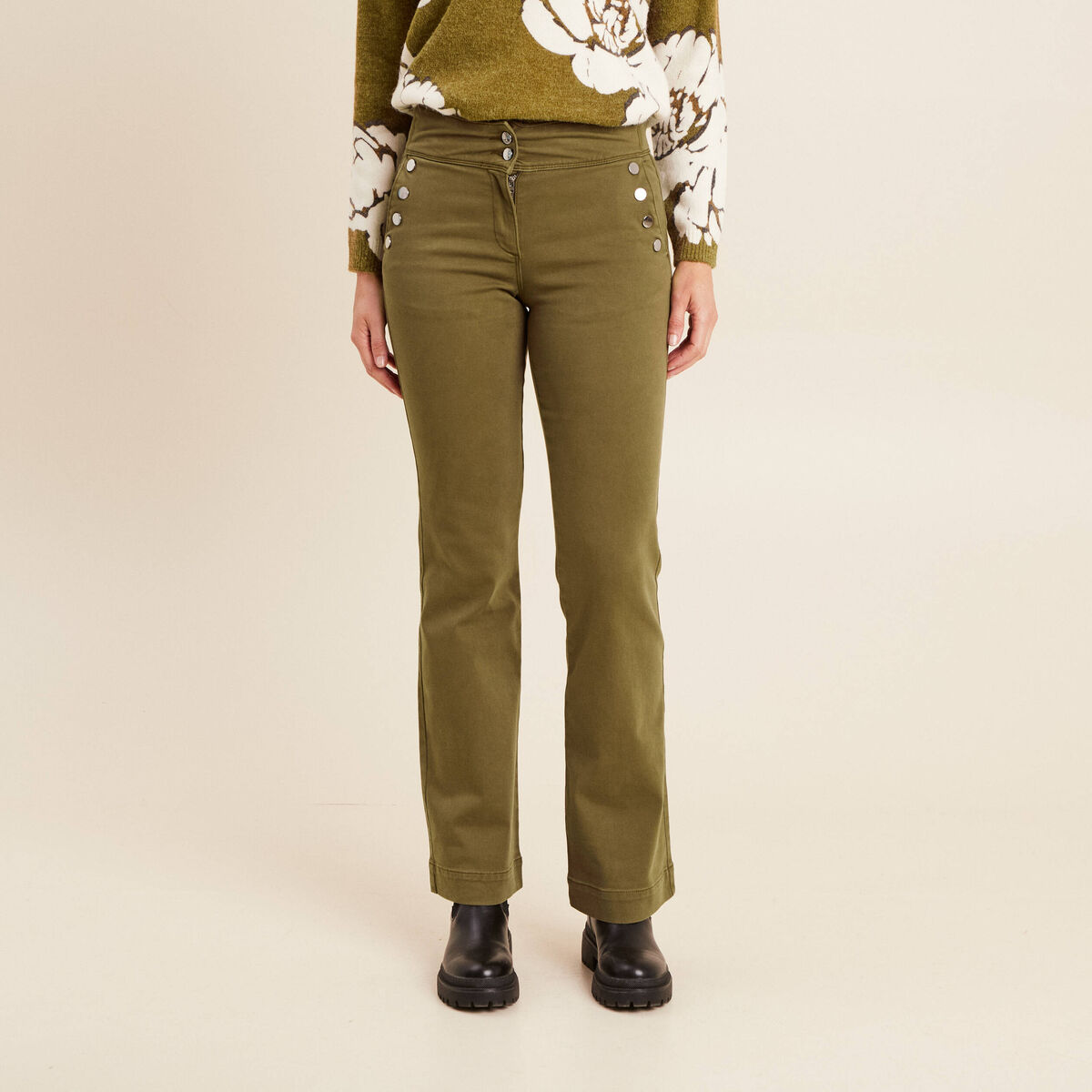 Pantalon coupe bootcut &agrave; pont vert olive femme