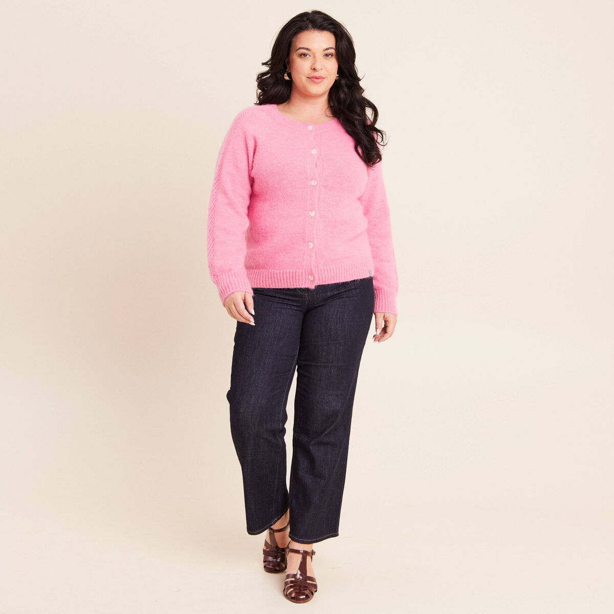 Gilet manches longues col rond rose fushia femme