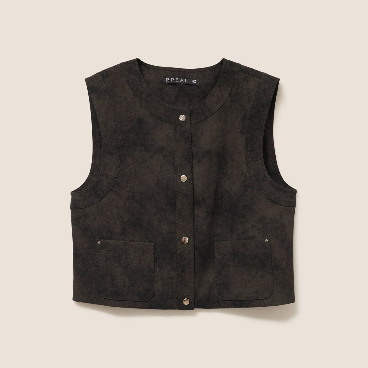 Veste sans manches aspect daim doubl&eacute;e vert kaki femme