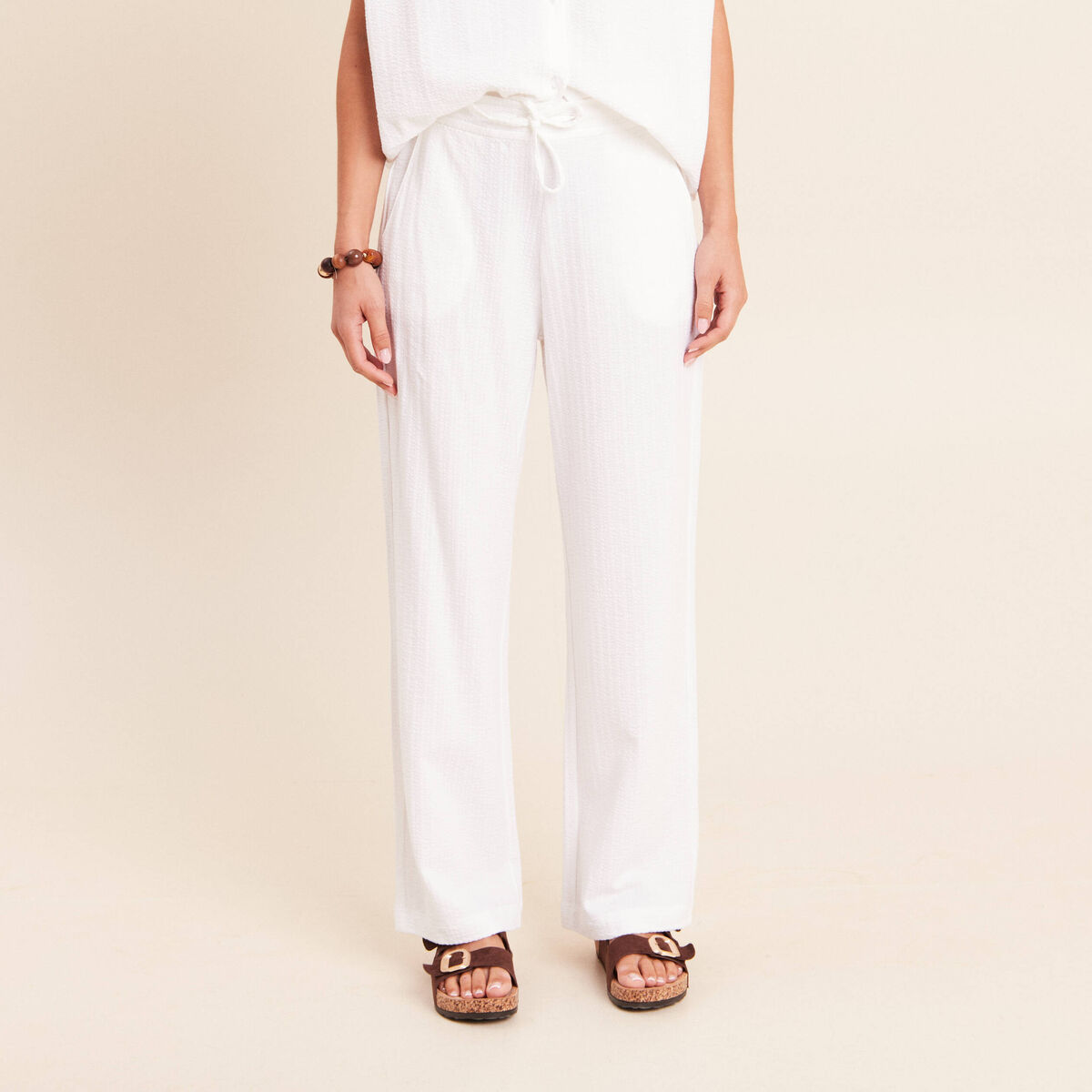 Pantalon large taille haute blanc femme