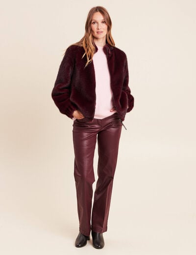 Manteau en fausse fourrure col montant bordeaux femme