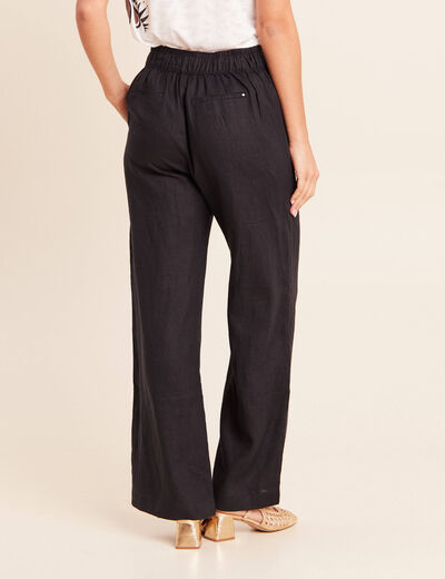 Pantalon large taille haute aspect lin noir femme