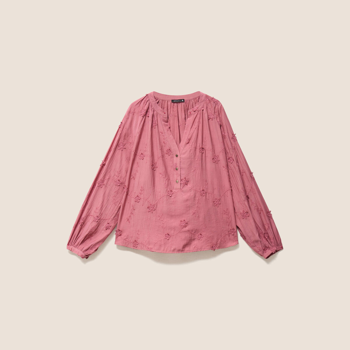 Blouse ample manches longues brod&eacute;e mauve femme
