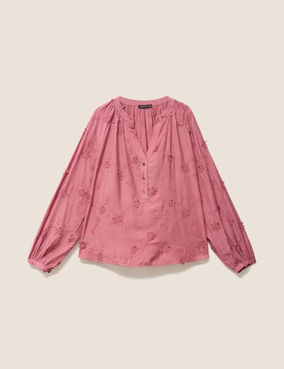 Blouse ample manches longues brod&eacute;e mauve femme