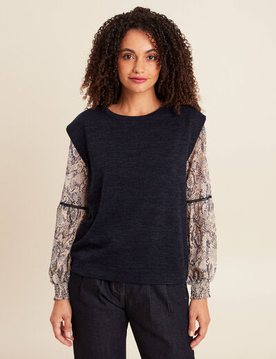 T-shirt col rond manches longues bleu marine femme