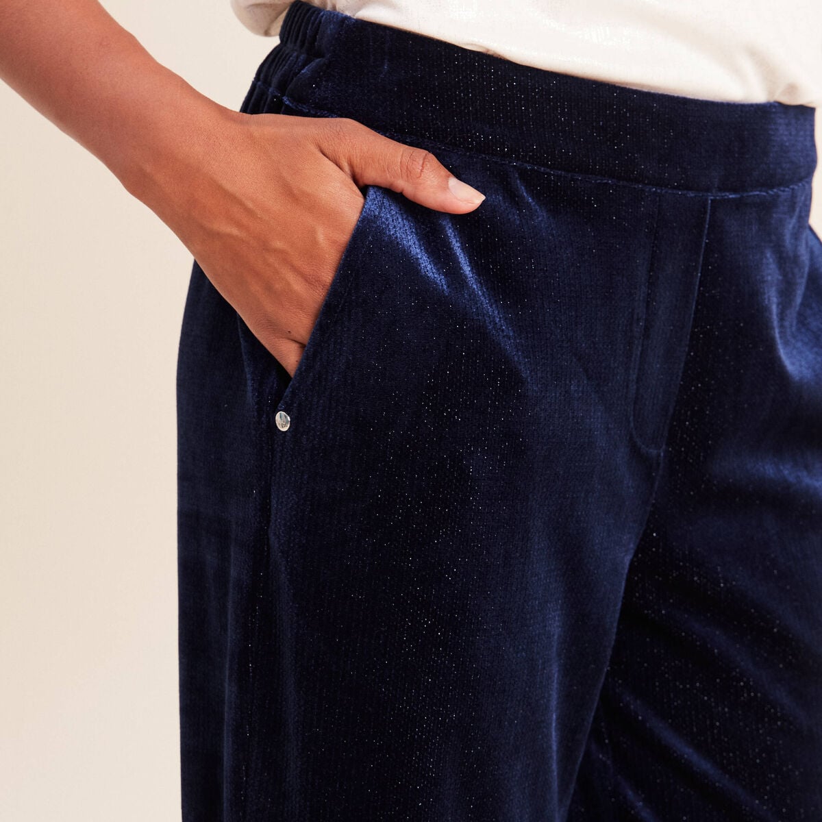 Pantalon large taille haute &agrave; paillettes bleu fonc&eacute; femme
