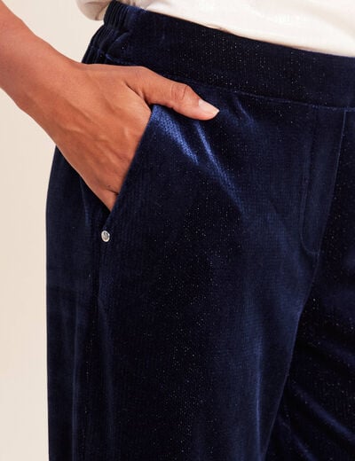 Pantalon large taille haute &agrave; paillettes bleu fonc&eacute; femme