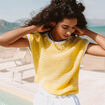 Pull ajour&eacute; sans manches col rond jaune pastel femme