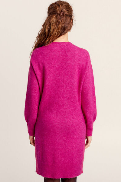 Robe pull droite col en V rose fushia femme