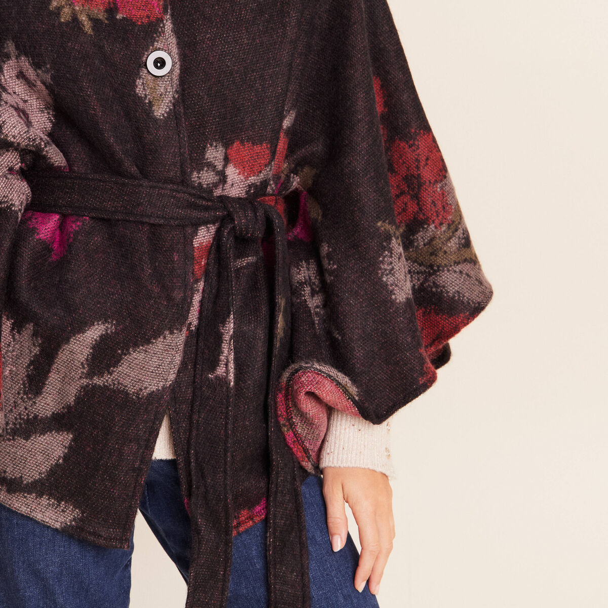 Poncho ceintur&eacute; jacquard multicolore femme