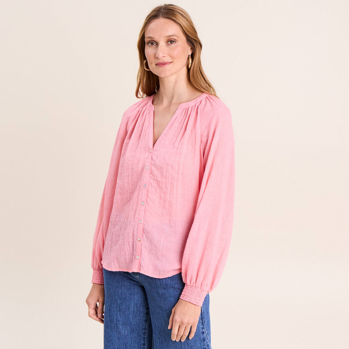Chemise ample col v manches longues rose femme