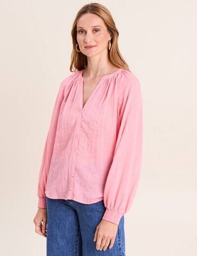 Chemise ample col v manches longues rose femme
