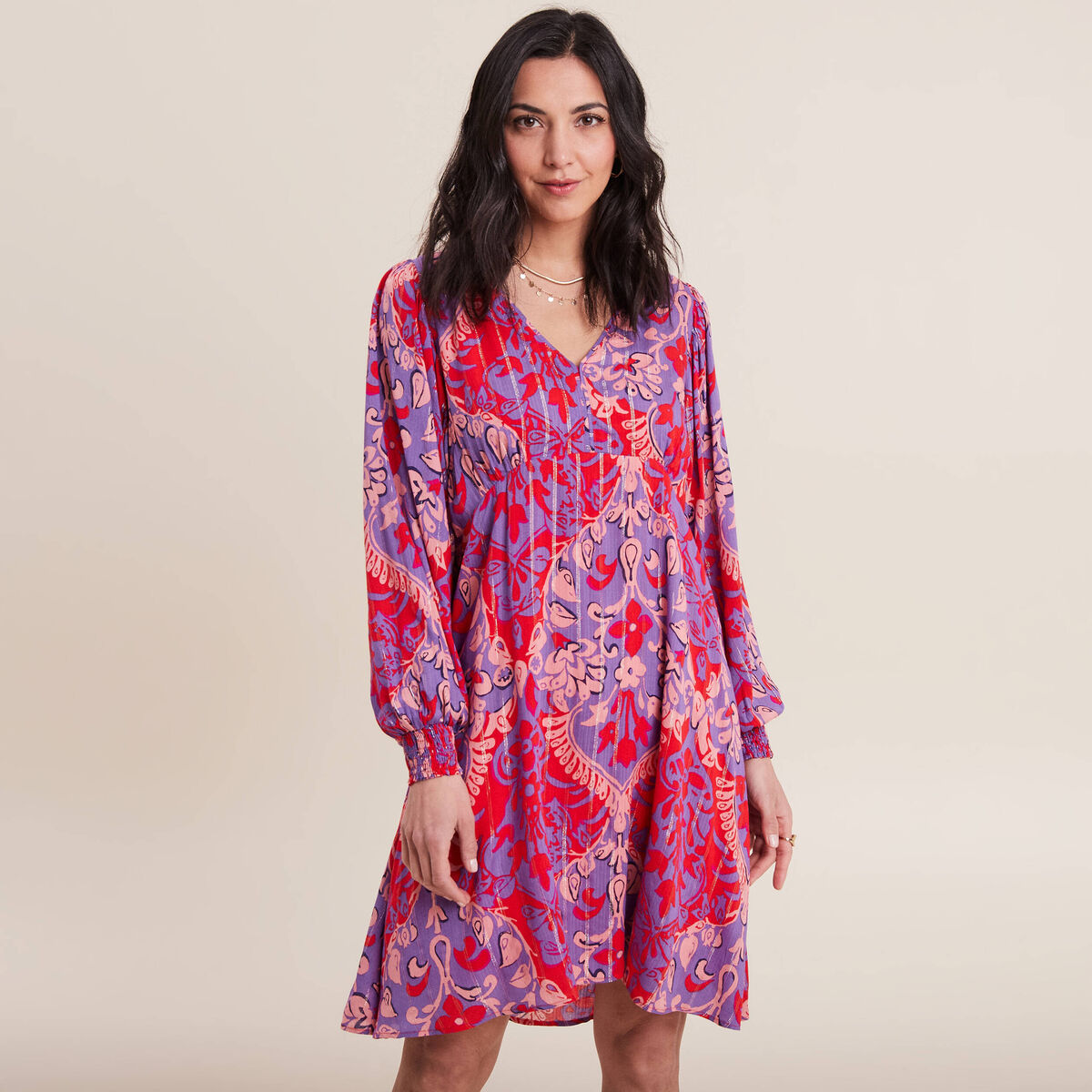 Robe évasée manches 3/4 rouge femme