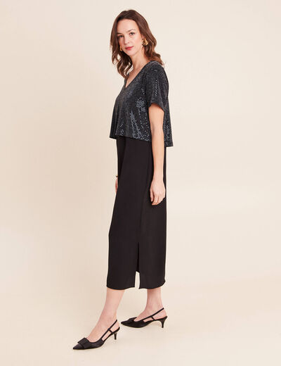 Robe longue &eacute;vas&eacute;e 2 en 1 col rond bleu marine femme
