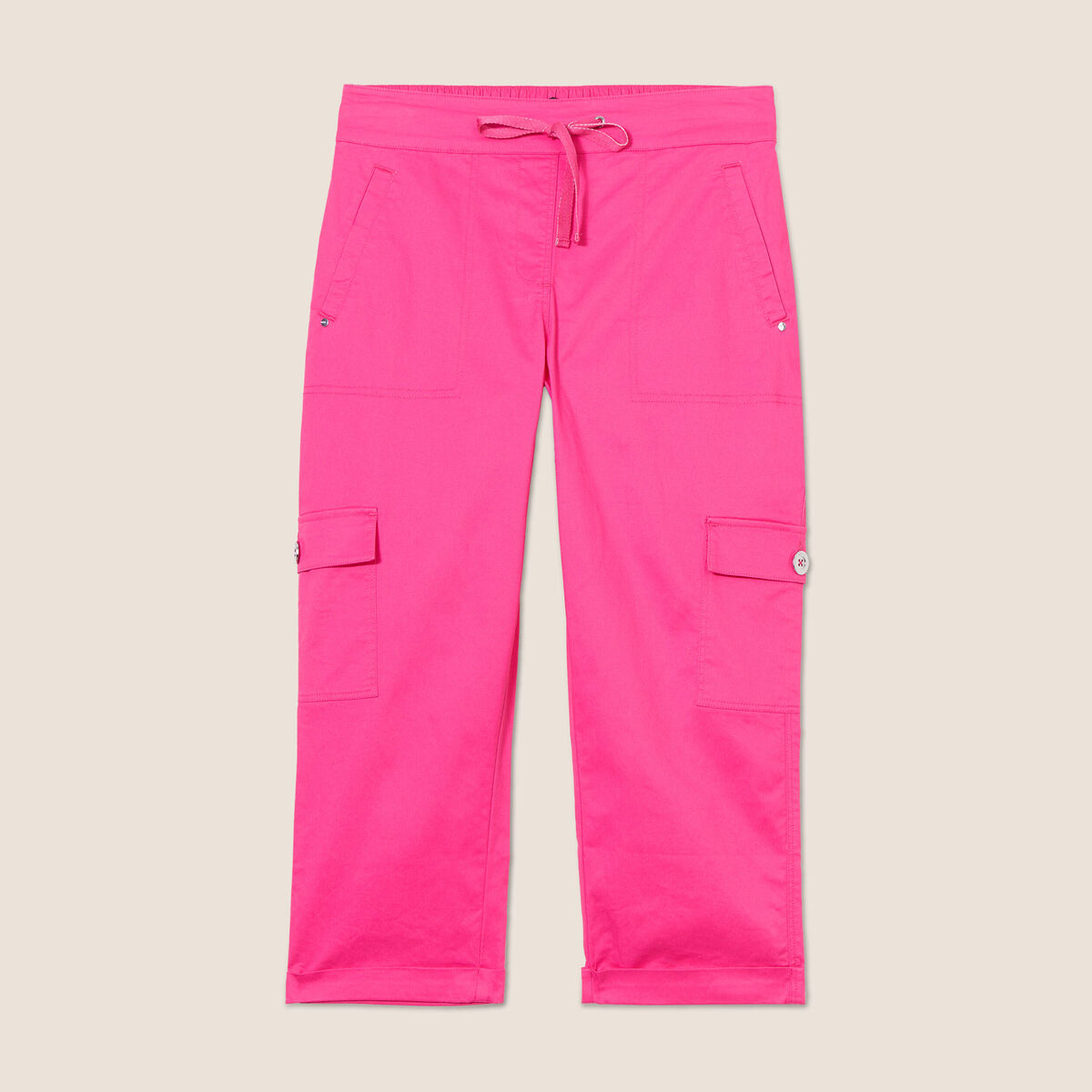 Pantacourt droit poches c&ocirc;t&eacute;s rose fushia femme