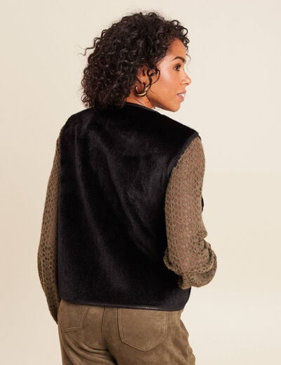Veste sans manches sans col marron fonc&eacute; noir femme