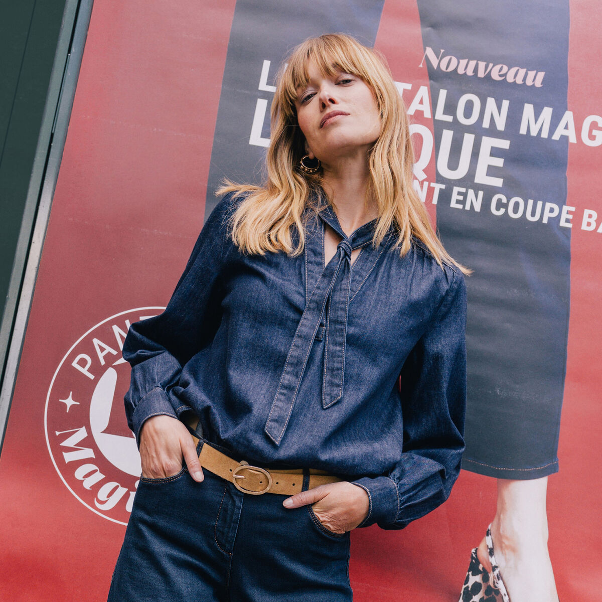 Blouse denim col &agrave; nouer denim brut femme