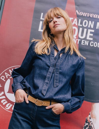 Blouse denim col &agrave; nouer denim brut femme