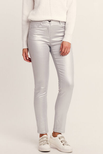 Pantalon ajusté enduit gris argent femme