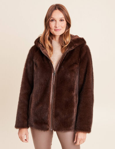 Manteau en fausse fourrure &agrave; capuche marron fonc&eacute; femme