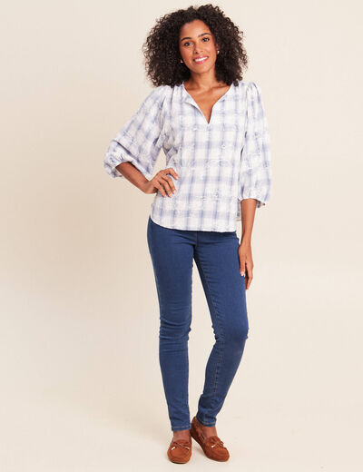 Blouse col tunisien manches 3/4 bleu femme