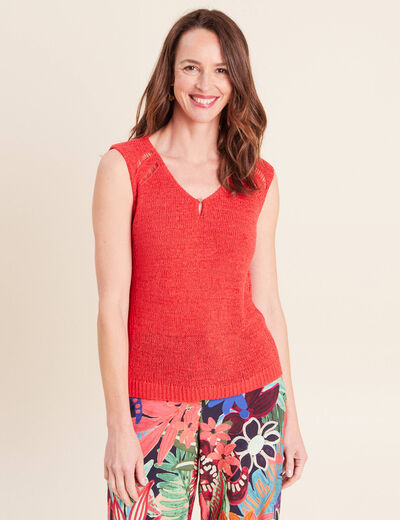 D&eacute;bardeur tricot sans manches rouge femme
