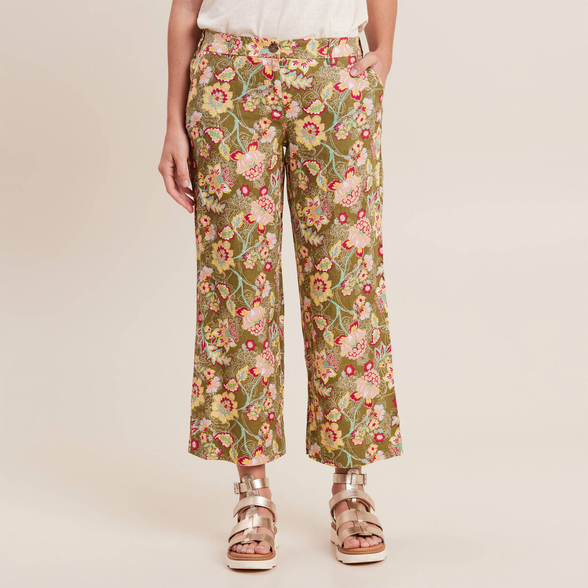 Pantalon large 7/8ème vert kaki femme