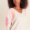 Pull col v avec broderie beige femme