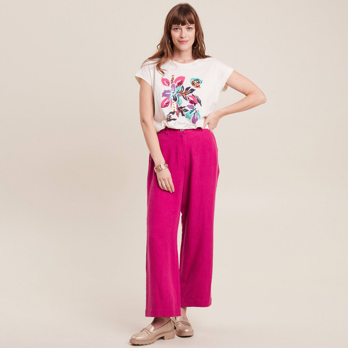 Pantalon large fluide rose fushia femme