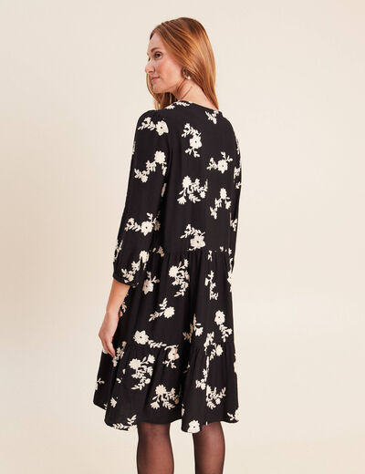 Robe courte &eacute;vas&eacute;e col v manches 3/4 noir femme