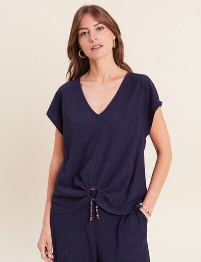 T-shirt bas resserr&eacute; manches courtes bleu marine femme