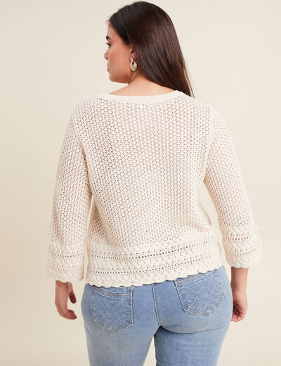 Pull manches 3/4 ajouré ecru femme