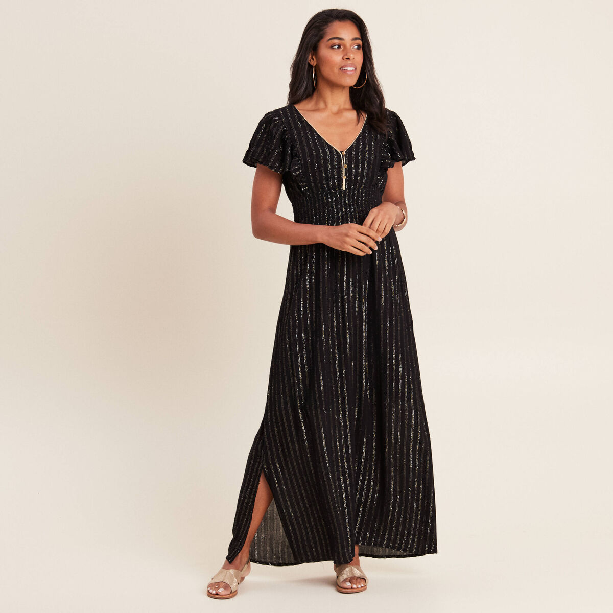 Robe longue droite fluide noir femme