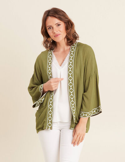 Veste esprit kimono brodée vert kaki femme