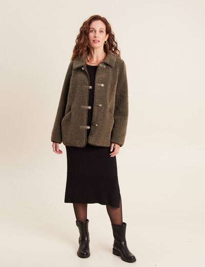 Manteau droit laine mouton vert kaki femme