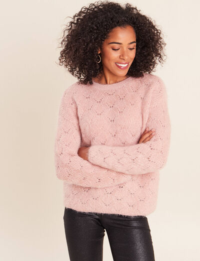 Pull ajour&eacute; col rond vieux rose femme