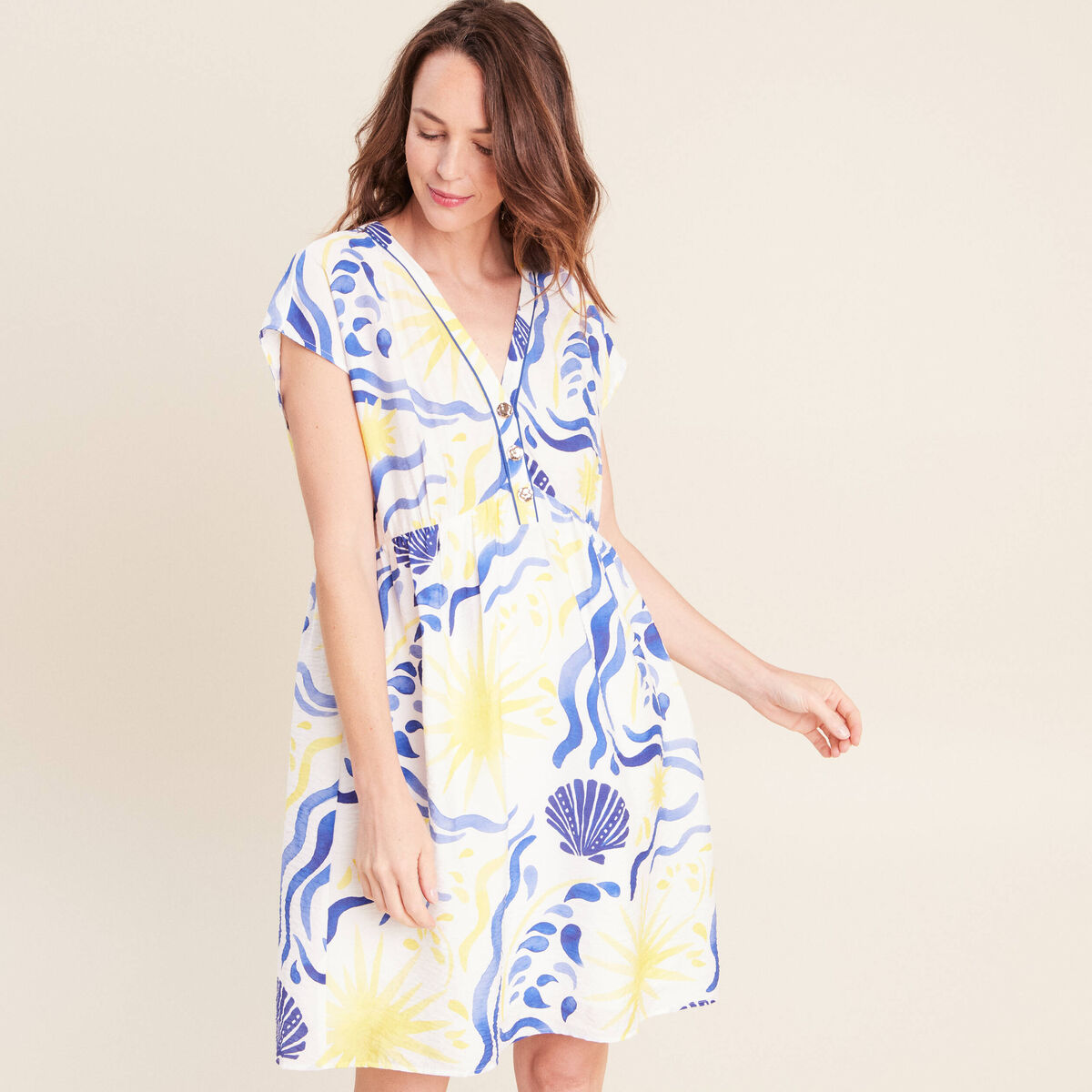 Robe courte &eacute;vas&eacute;e col v manches courtes bleu femme
