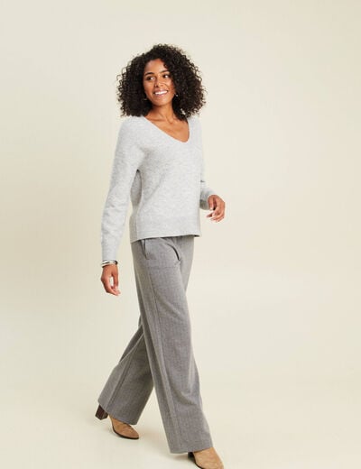 Pull col v &agrave; sequins gris clair femme