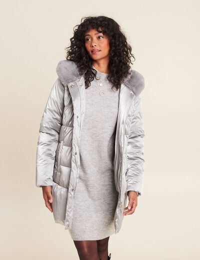 Doudoune droite &agrave; capuche gris clair femme