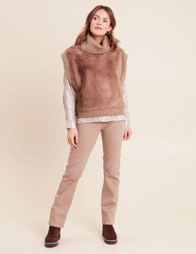 Pull sans manches col roul&eacute; marron femme
