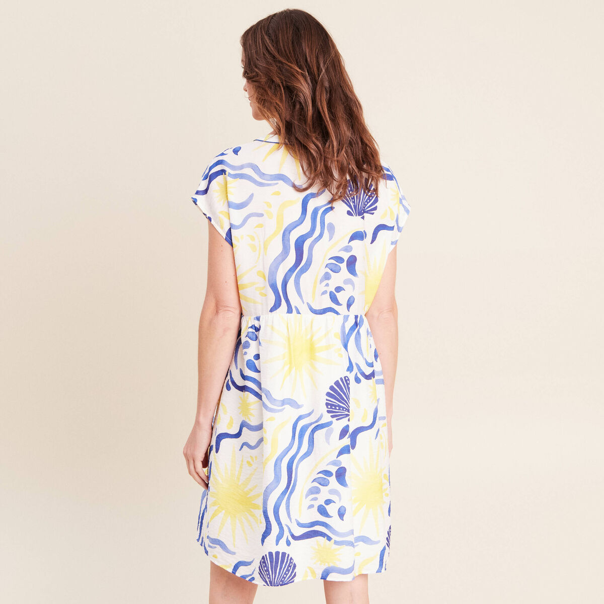 Robe courte &eacute;vas&eacute;e col v manches courtes bleu femme