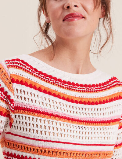 Pull manches 3/4 ajouré orange femme