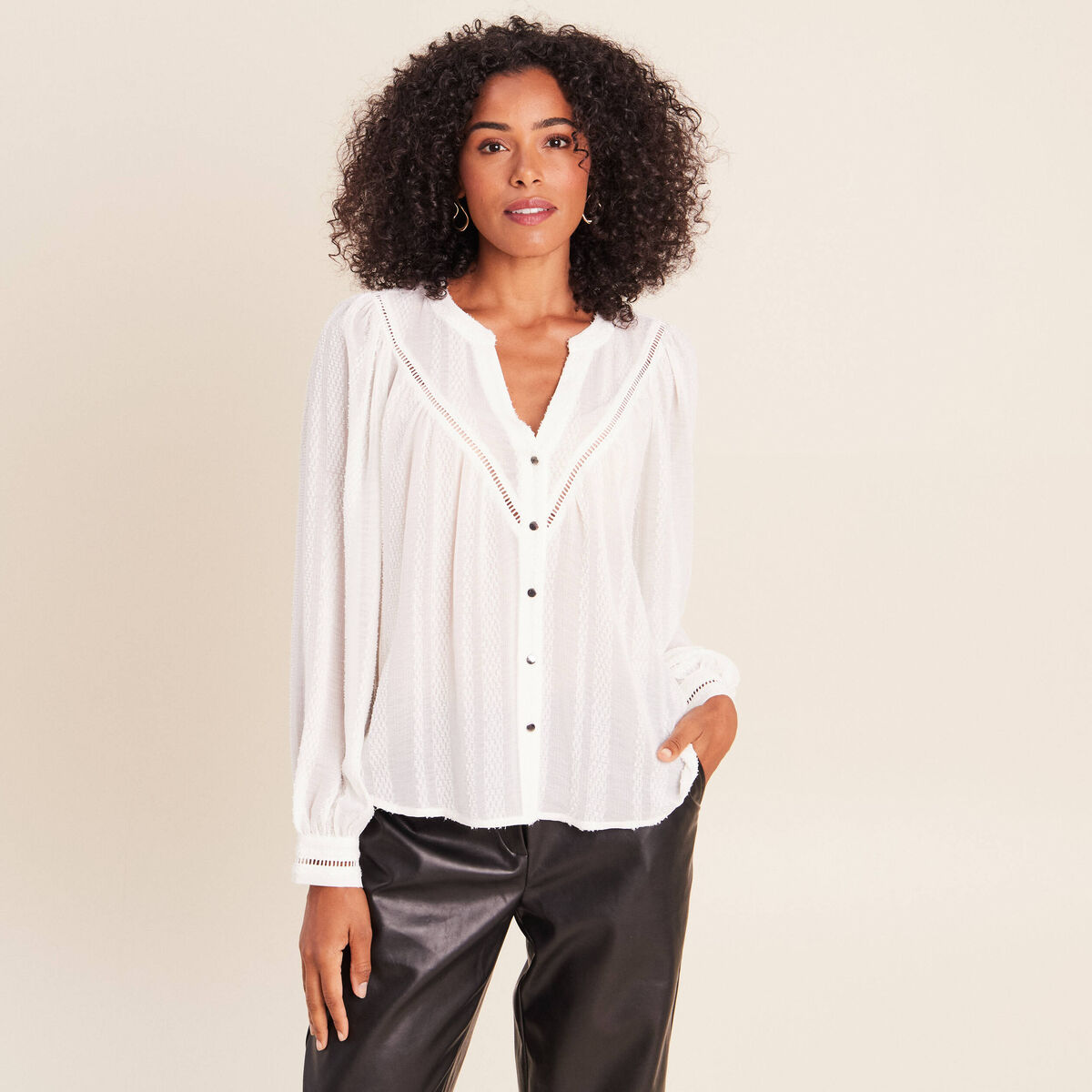 Blouse ample col chemise manches longues ivoire femme