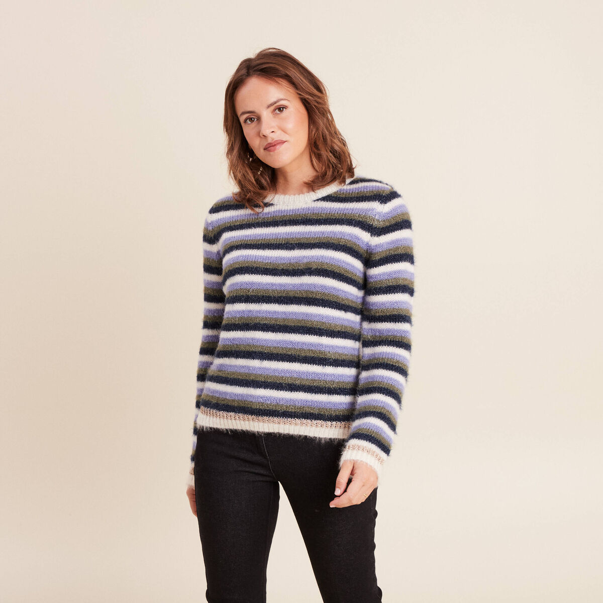 Pull manches longues col rond bleu femme