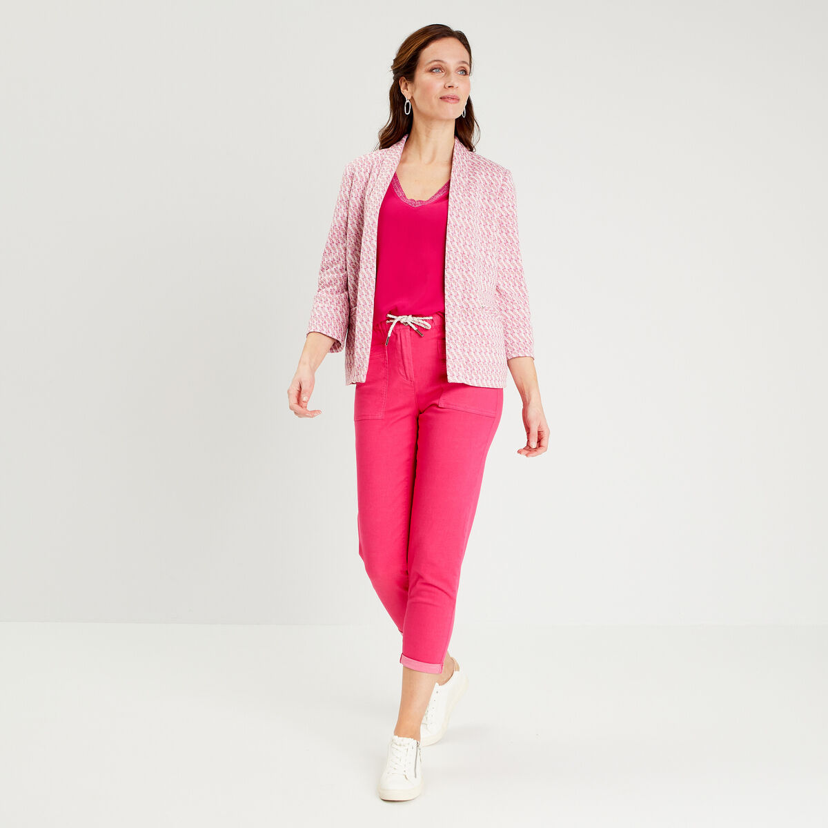 Pantalon coupe droite à coulisse rose framboise femme