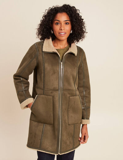 Manteau cintr&eacute; mi-long vert kaki femme