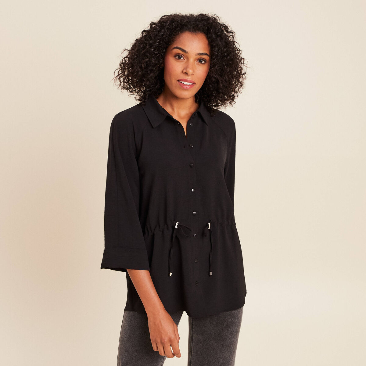 Tunique droite longue col chemise noir femme