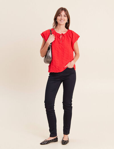 Blouse col v manches courtes fluide rouge femme